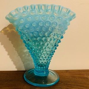 6 in blue opalescent hobnail fan vase